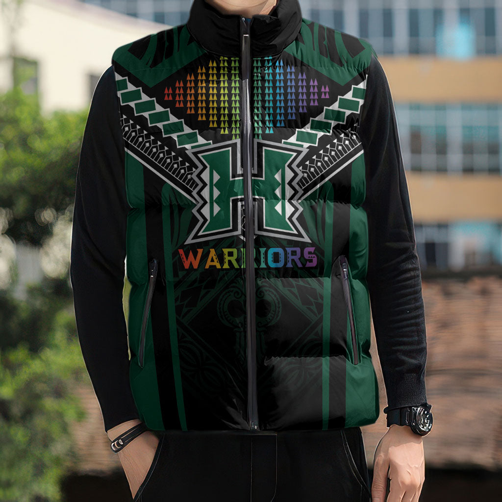 Custom Hawaii Warriors Football Sleeveless Puffer Jacket Rainbow Kakau Pattern Black