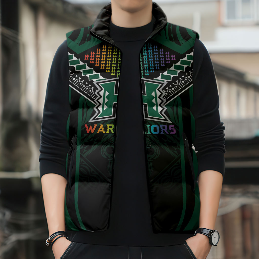 Custom Hawaii Warriors Football Sleeveless Puffer Jacket Rainbow Kakau Pattern Black