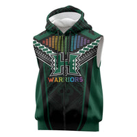 Custom Hawaii Warriors Football Sleeveless Zip Hoodie Rainbow Kakau Pattern Black LT05 Black - Polynesian Pride