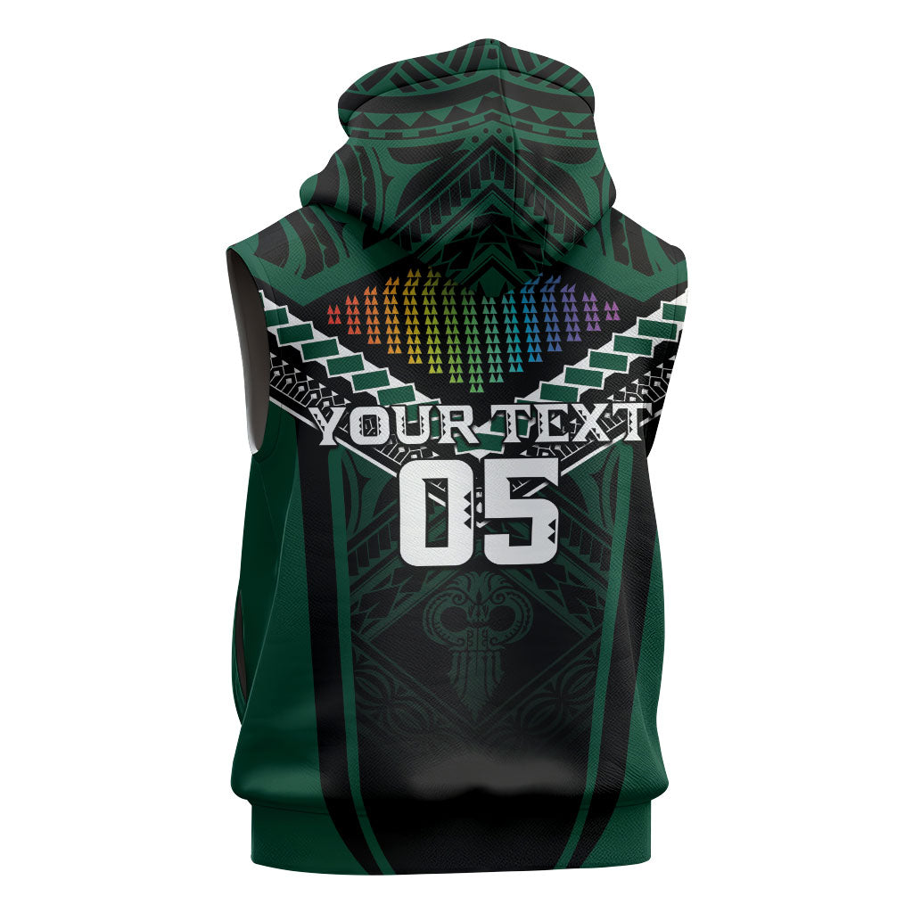 Custom Hawaii Warriors Football Sleeveless Zip Hoodie Rainbow Kakau Pattern Black LT05 - Polynesian Pride
