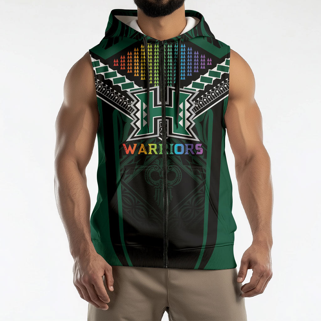 Custom Hawaii Warriors Football Sleeveless Zip Hoodie Rainbow Kakau Pattern Black LT05 - Polynesian Pride