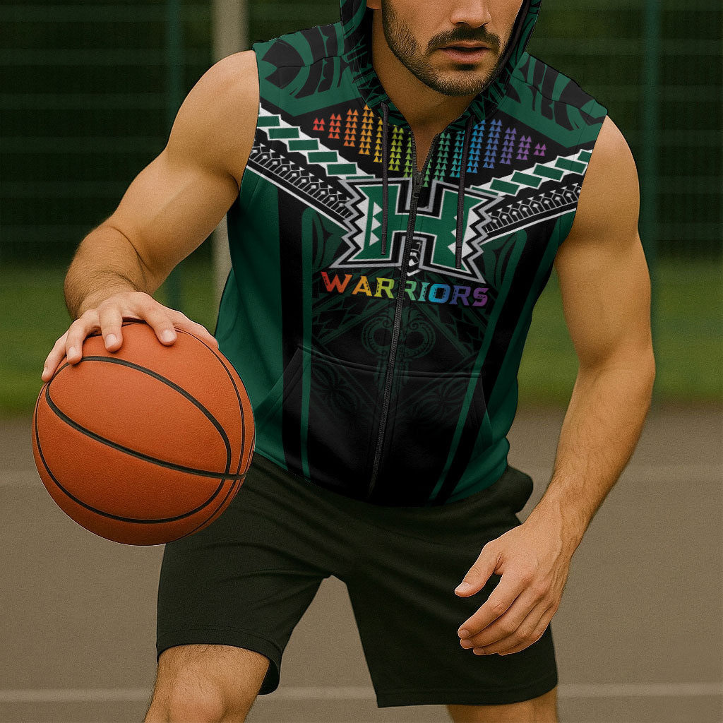 Custom Hawaii Warriors Football Sleeveless Zip Hoodie Rainbow Kakau Pattern Black LT05 - Polynesian Pride