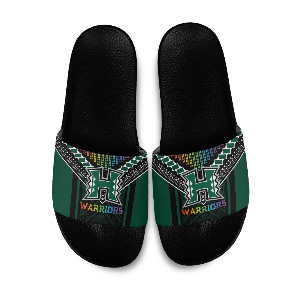 Hawaii Warriors Football Slide Sandals Rainbow Kakau Pattern Black