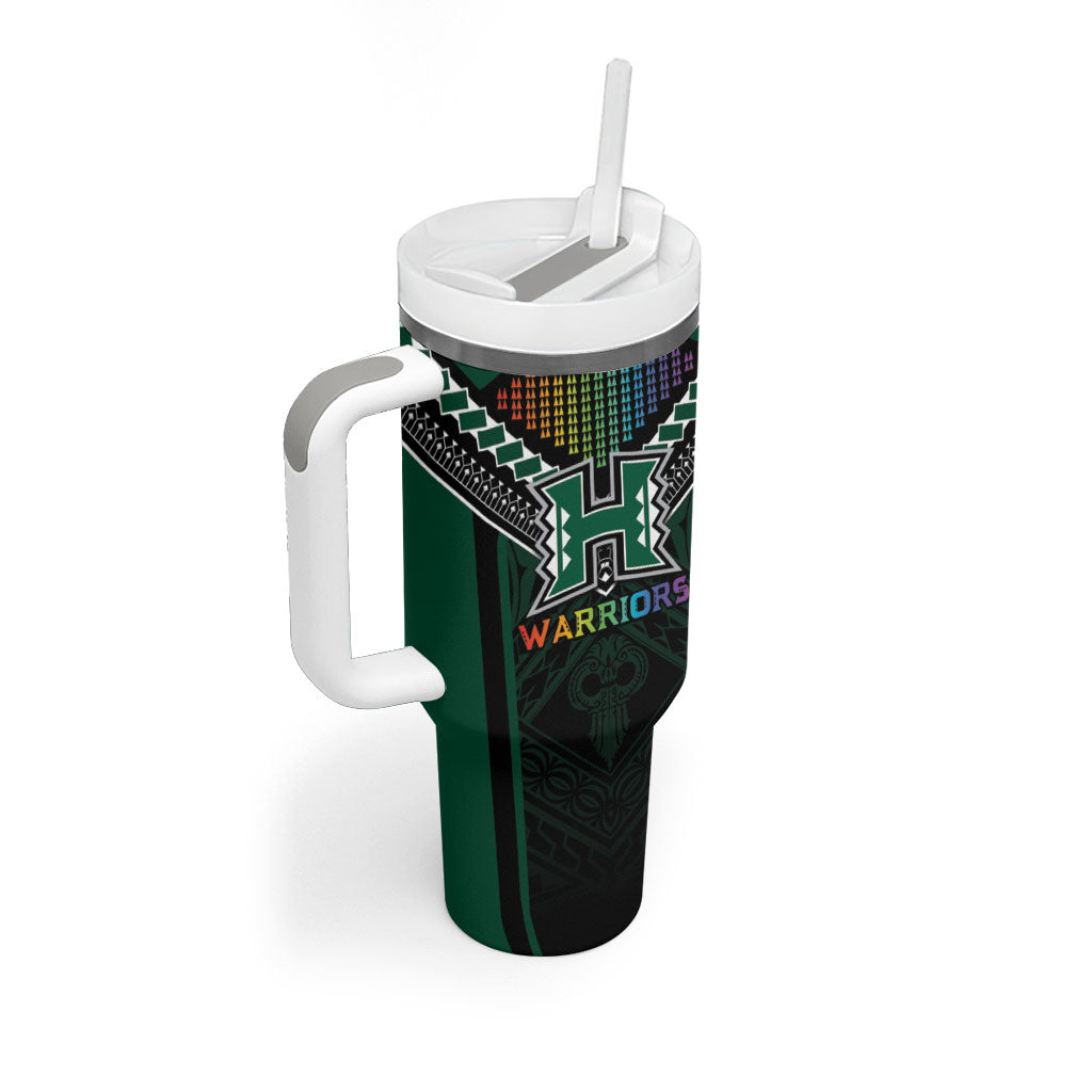 Custom Hawaii Warriors Football Tumbler With Handle Rainbow Kakau Pattern Black