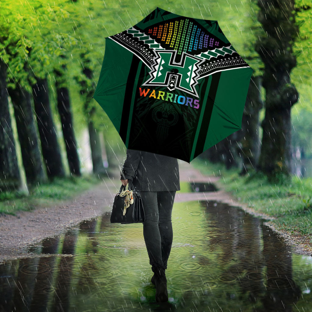 Hawaii Warriors Football Umbrella Rainbow Kakau Pattern Black