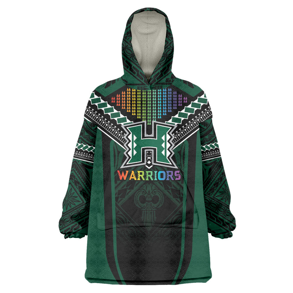 Custom Hawaii Warriors Football Wearable Blanket Hoodie Rainbow Kakau Pattern Black LT05 One Size Black - Polynesian Pride