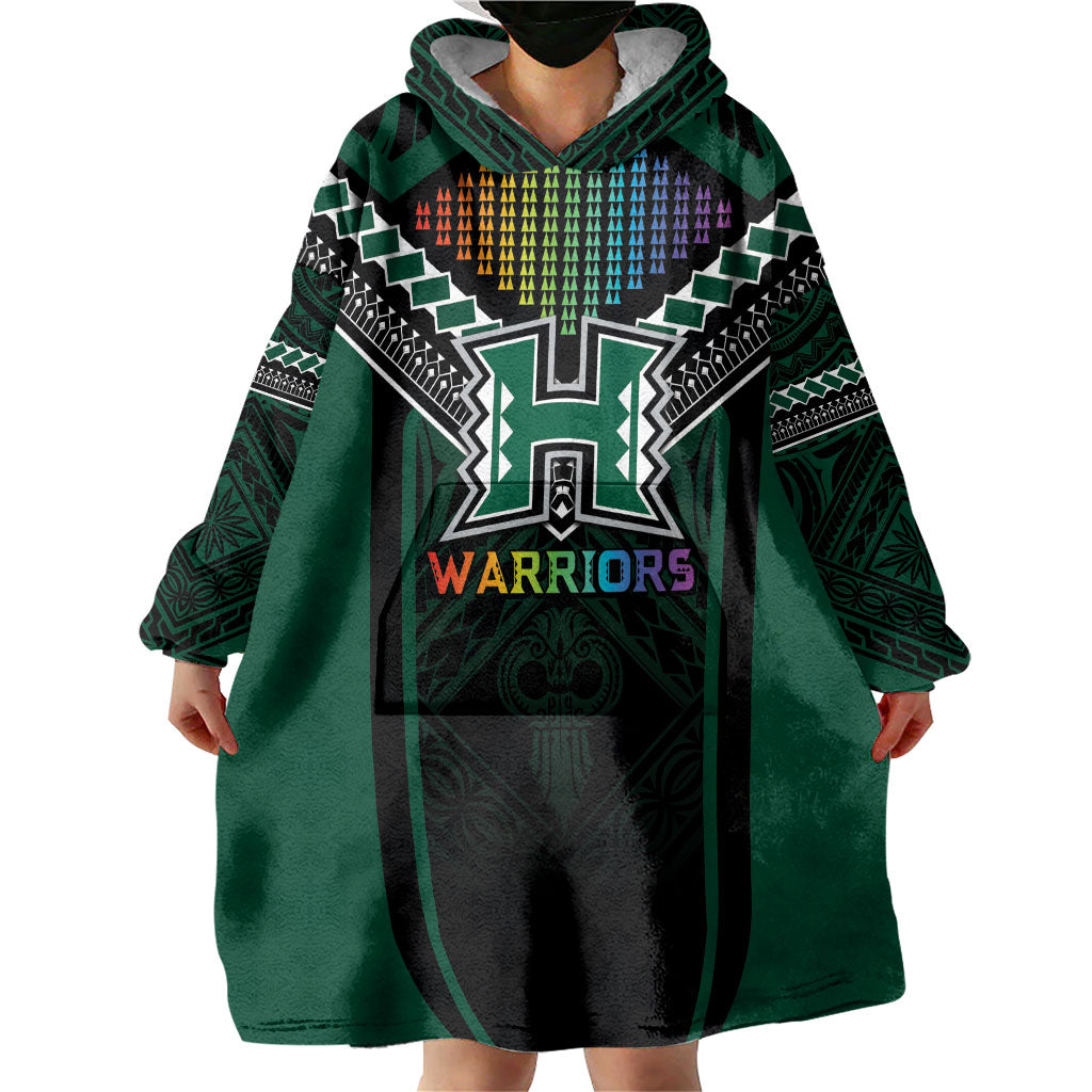 Custom Hawaii Warriors Football Wearable Blanket Hoodie Rainbow Kakau Pattern Black LT05 - Polynesian Pride