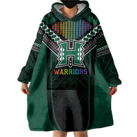 Custom Hawaii Warriors Football Wearable Blanket Hoodie Rainbow Kakau Pattern Black LT05 - Polynesian Pride