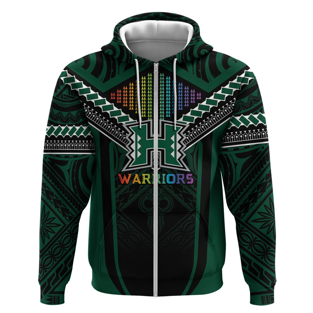 Custom Hawaii Warriors Football Zip Hoodie Rainbow Kakau Pattern Black