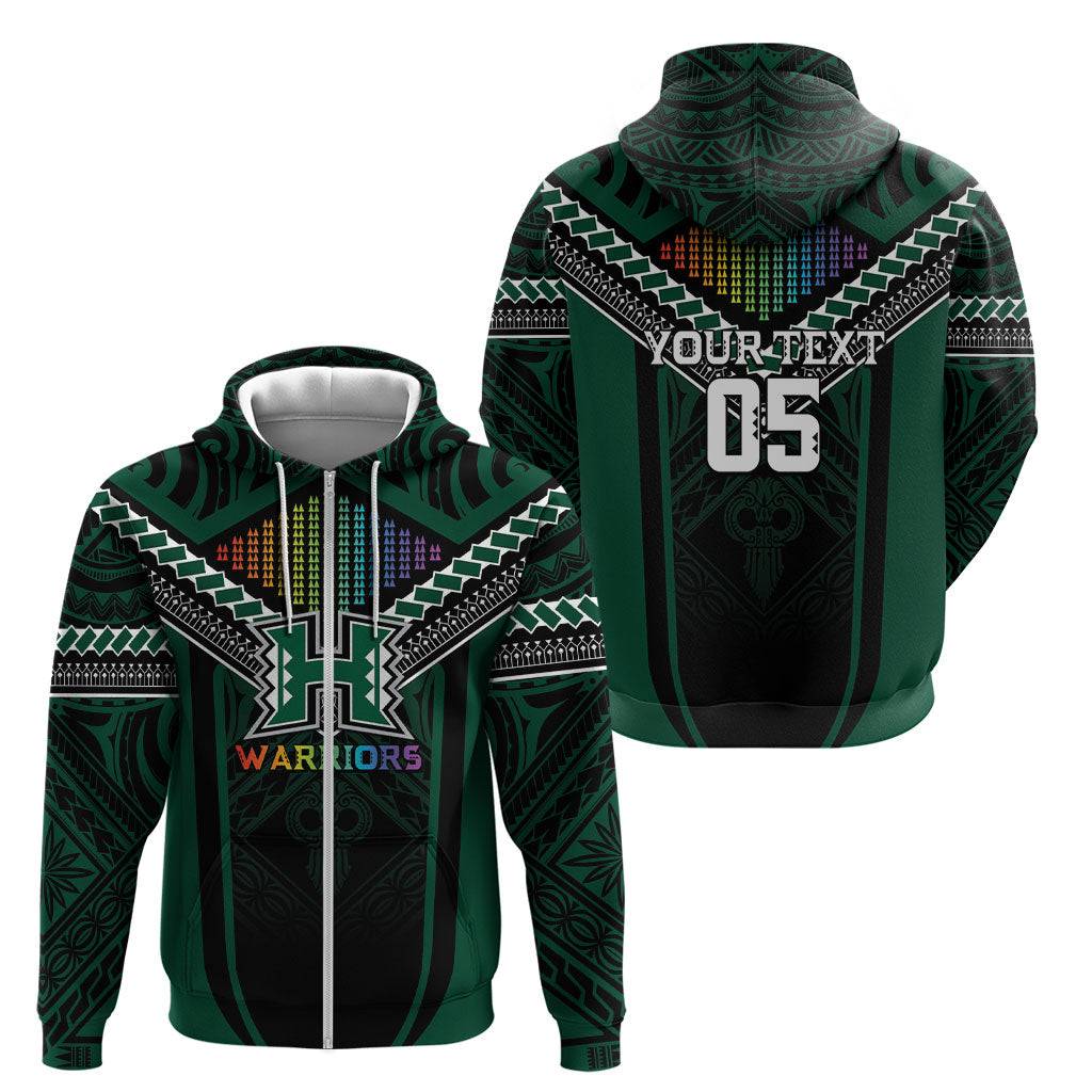 Custom Hawaii Warriors Football Zip Hoodie Rainbow Kakau Pattern Black