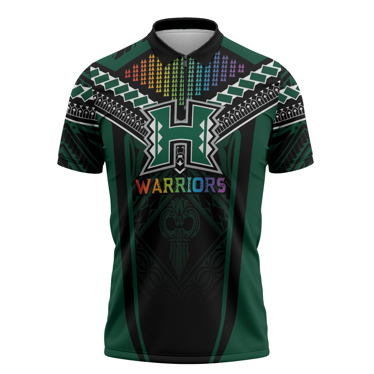 Custom Hawaii Warriors Football Zipper Polo Shirt Rainbow Kakau Pattern Black LT05 Black - Polynesian Pride