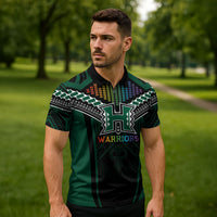 Custom Hawaii Warriors Football Zipper Polo Shirt Rainbow Kakau Pattern Black LT05 - Polynesian Pride