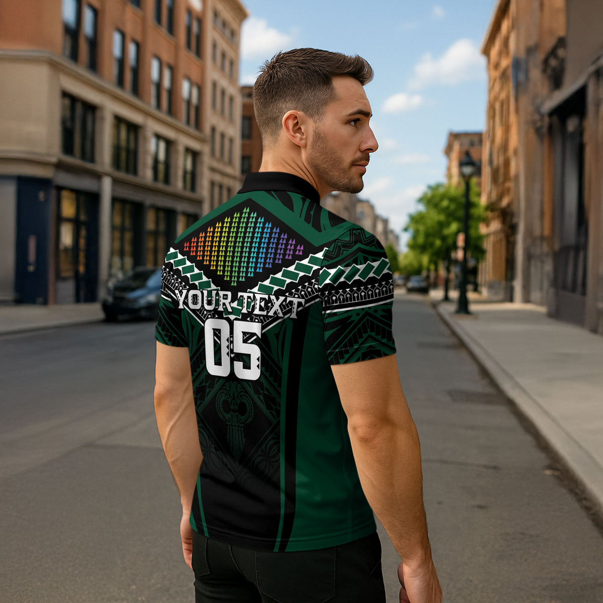 Custom Hawaii Warriors Football Zipper Polo Shirt Rainbow Kakau Pattern Black LT05 - Polynesian Pride