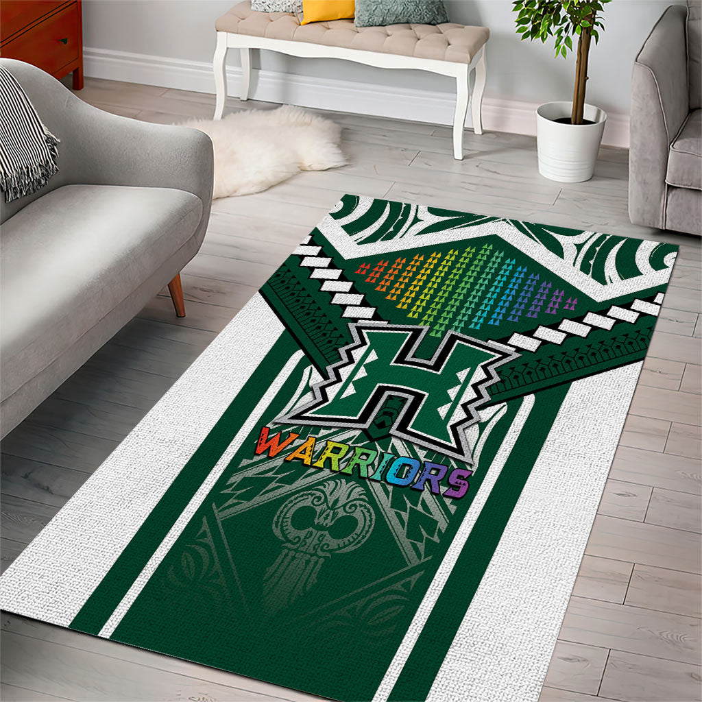 Hawaii Warriors Football Area Rug Rainbow Kakau Pattern Green