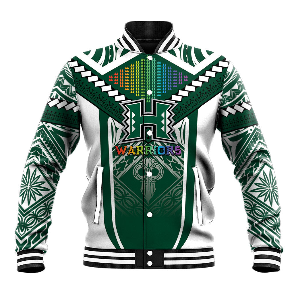 Custom Hawaii Warriors Football Baseball Jacket Rainbow Kakau Pattern Green LT05 Unisex Green - Polynesian Pride