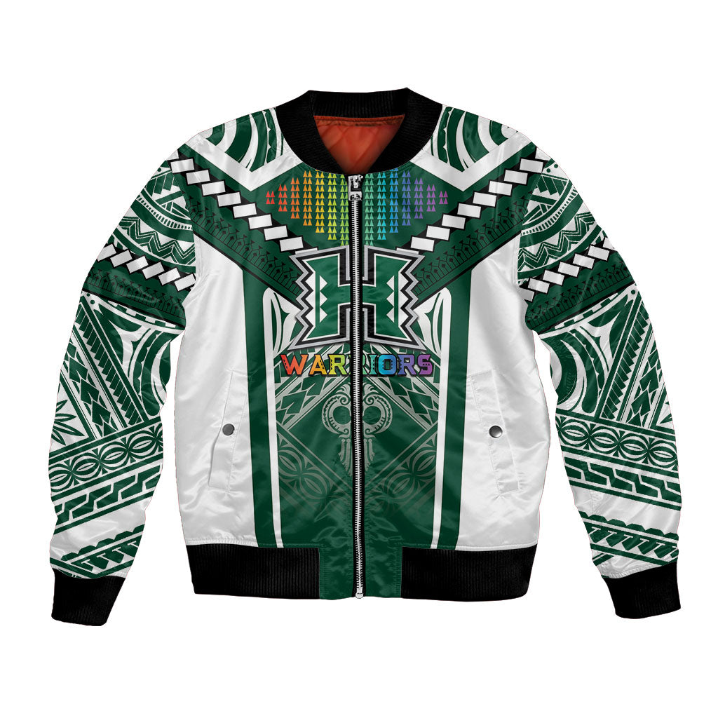Custom Hawaii Warriors Football Bomber Jacket Rainbow Kakau Pattern Green