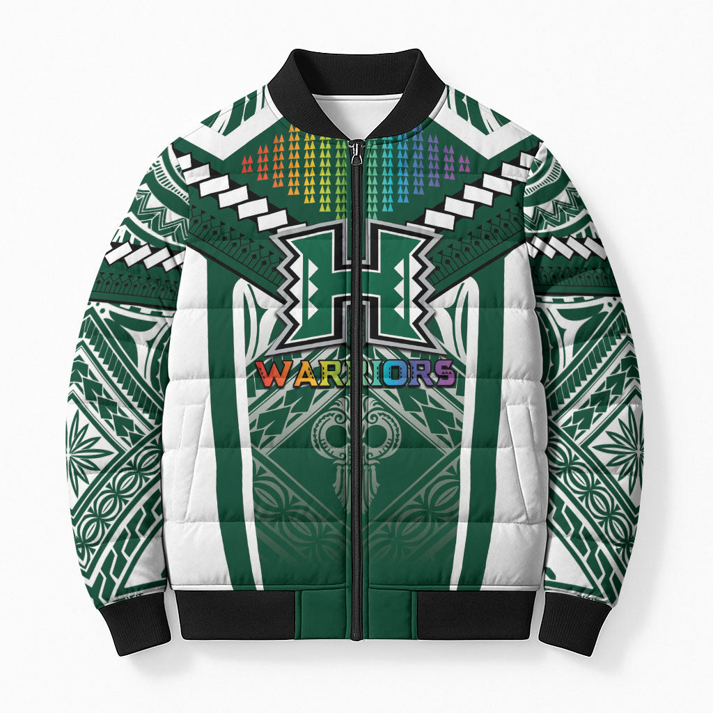 Custom Hawaii Warriors Football Bomber Puffer Jacket Rainbow Kakau Pattern Green