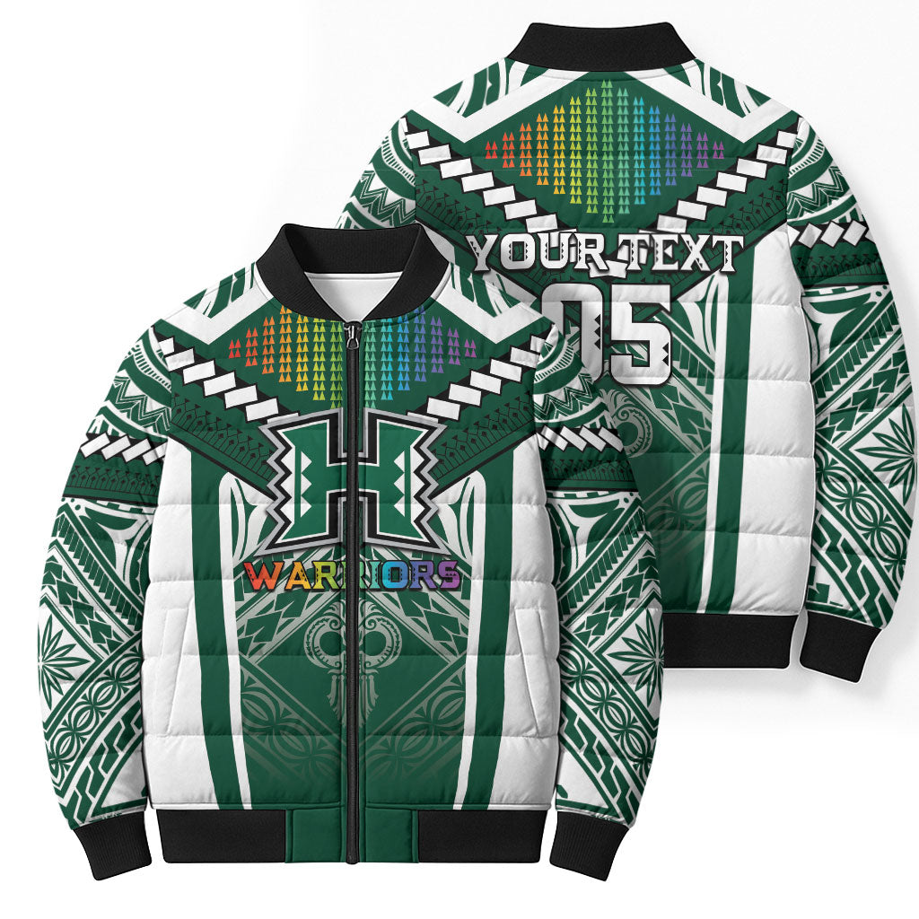 Custom Hawaii Warriors Football Bomber Puffer Jacket Rainbow Kakau Pattern Green