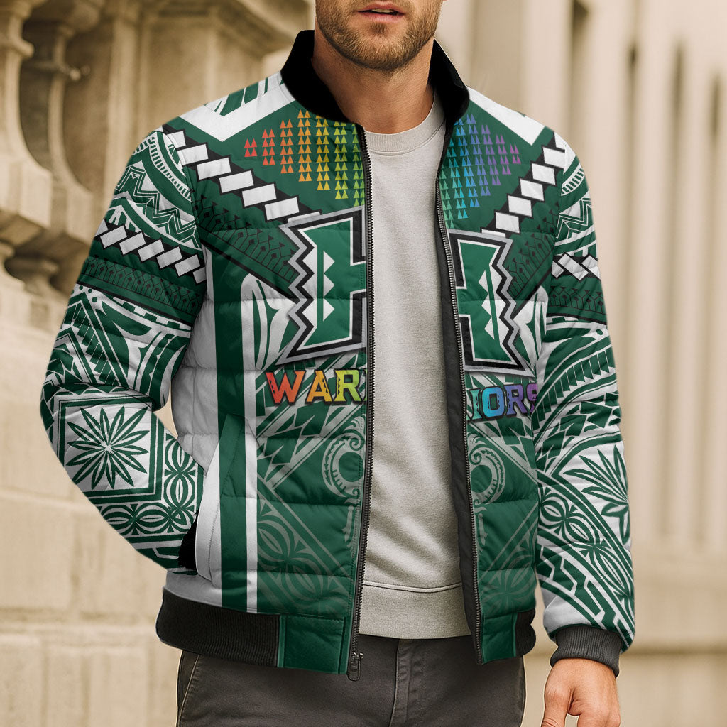 Custom Hawaii Warriors Football Bomber Puffer Jacket Rainbow Kakau Pattern Green