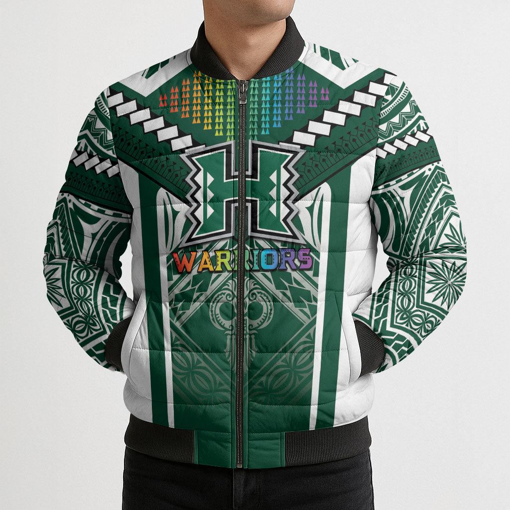 Custom Hawaii Warriors Football Bomber Puffer Jacket Rainbow Kakau Pattern Green