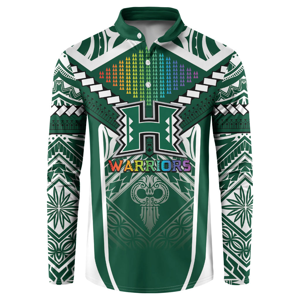 Custom Hawaii Warriors Football Button Sweatshirt Rainbow Kakau Pattern Green