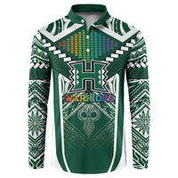 Custom Hawaii Warriors Football Button Sweatshirt Rainbow Kakau Pattern Green