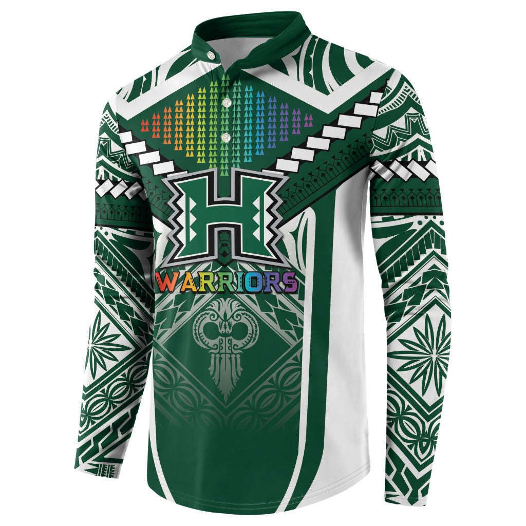 Custom Hawaii Warriors Football Button Sweatshirt Rainbow Kakau Pattern Green