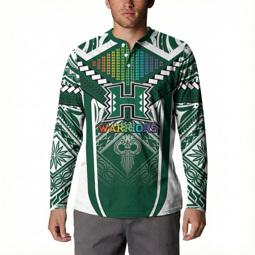 Custom Hawaii Warriors Football Button Sweatshirt Rainbow Kakau Pattern Green