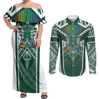Custom Hawaii Warriors Football Couples Matching Off Shoulder Maxi Dress and Long Sleeve Button Shirt Rainbow Kakau Pattern Green LT05 Green - Polynesian Pride