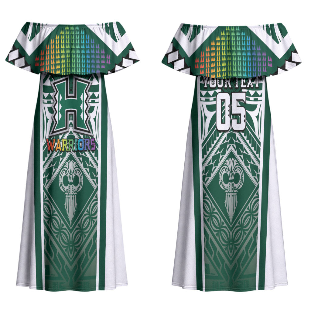 Custom Hawaii Warriors Football Couples Matching Off Shoulder Maxi Dress and Long Sleeve Button Shirt Rainbow Kakau Pattern Green LT05 - Polynesian Pride
