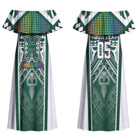 Custom Hawaii Warriors Football Couples Matching Off Shoulder Maxi Dress and Long Sleeve Button Shirt Rainbow Kakau Pattern Green LT05 - Polynesian Pride