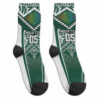 Custom Hawaii Warriors Football Crew Socks Rainbow Kakau Pattern Green LT05 - Polynesian Pride