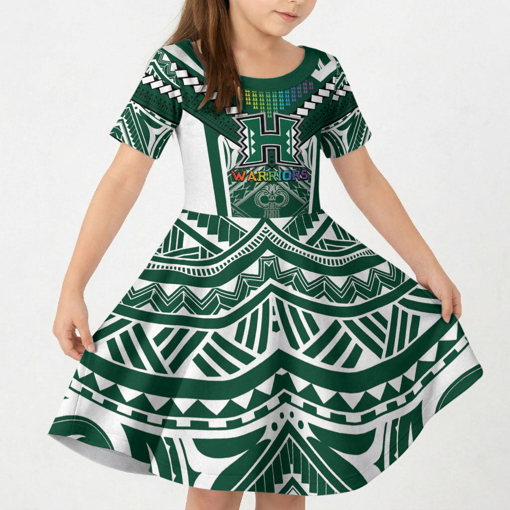 Custom Hawaii Warriors Football Kid Short Sleeve Dress Rainbow Kakau Pattern Green LT05 KID Green - Polynesian Pride