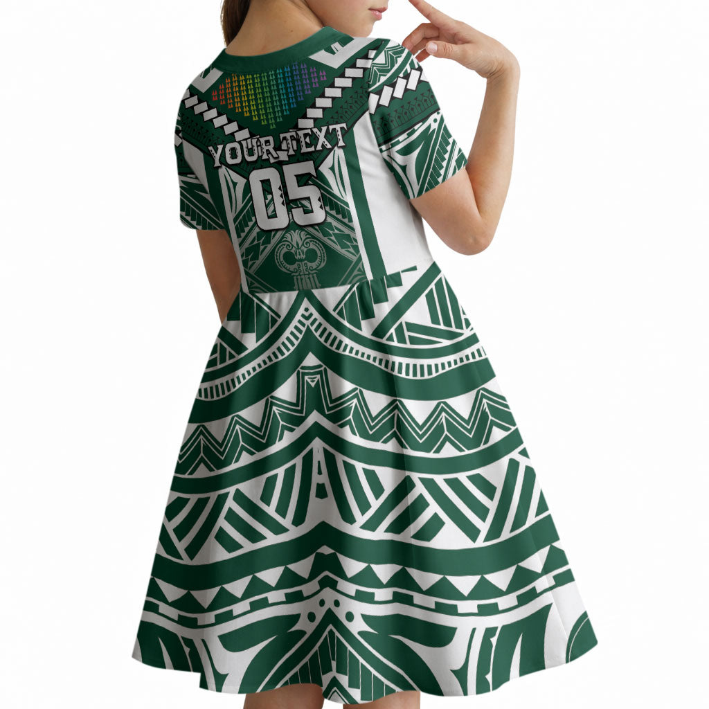 Custom Hawaii Warriors Football Kid Short Sleeve Dress Rainbow Kakau Pattern Green LT05 - Polynesian Pride