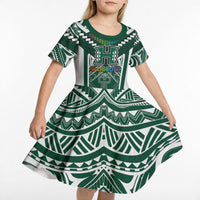 Custom Hawaii Warriors Football Kid Short Sleeve Dress Rainbow Kakau Pattern Green LT05 - Polynesian Pride