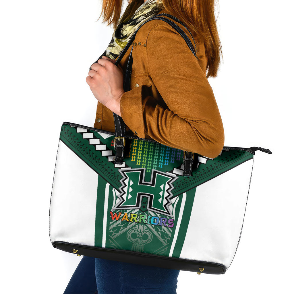 Hawaii Warriors Football Leather Tote Bag Rainbow Kakau Pattern Green