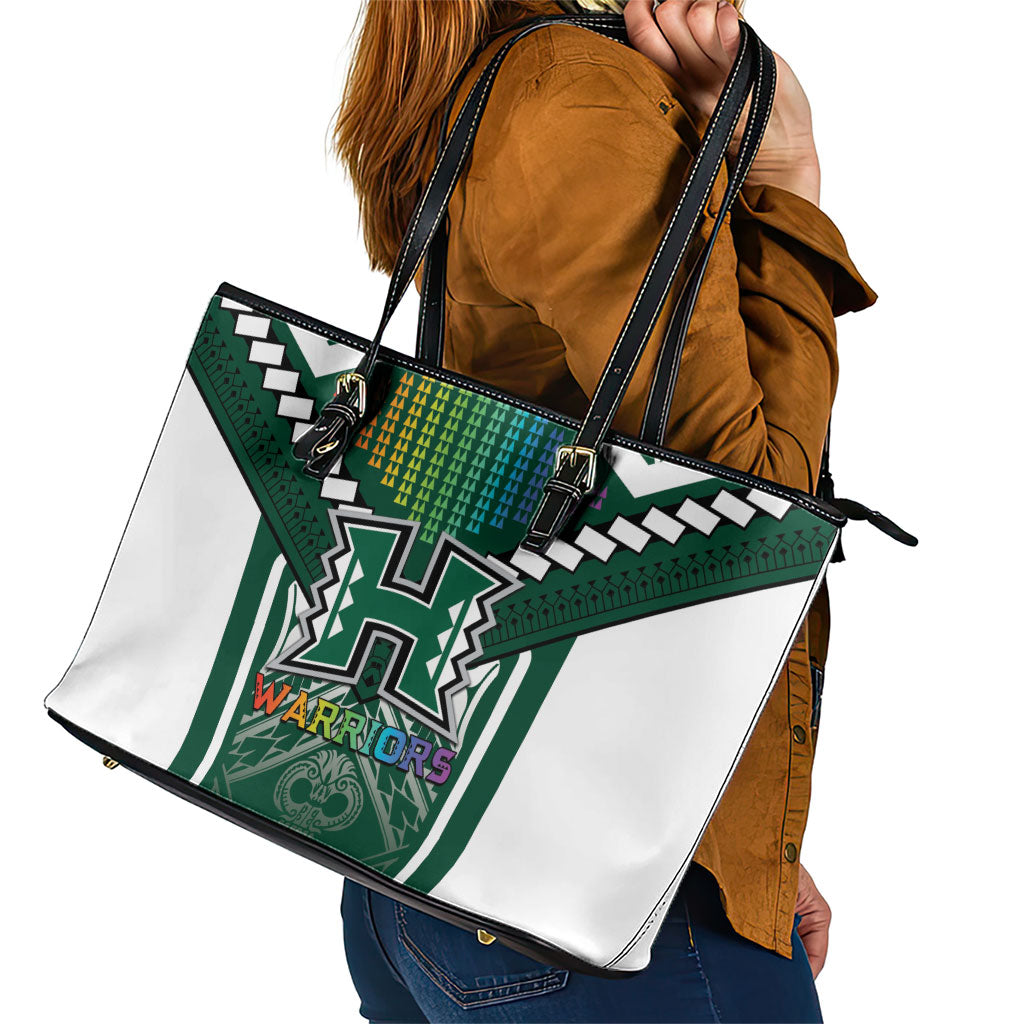 Hawaii Warriors Football Leather Tote Bag Rainbow Kakau Pattern Green