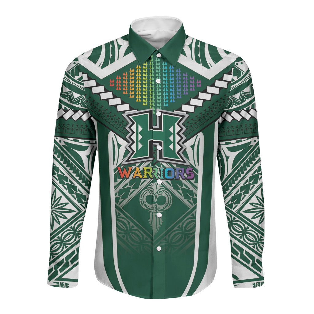 Custom Hawaii Warriors Football Long Sleeve Button Shirt Rainbow Kakau Pattern Green