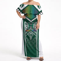 Custom Hawaii Warriors Football Off Shoulder Maxi Dress Rainbow Kakau Pattern Green LT05 Women Green - Polynesian Pride