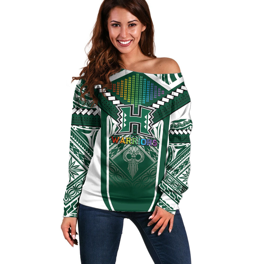 Custom Hawaii Warriors Football Off Shoulder Sweater Rainbow Kakau Pattern Green