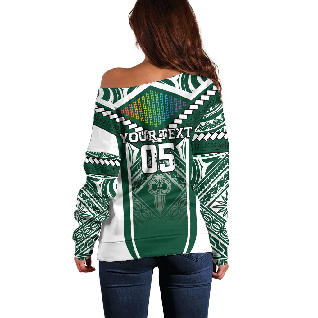 Custom Hawaii Warriors Football Off Shoulder Sweater Rainbow Kakau Pattern Green