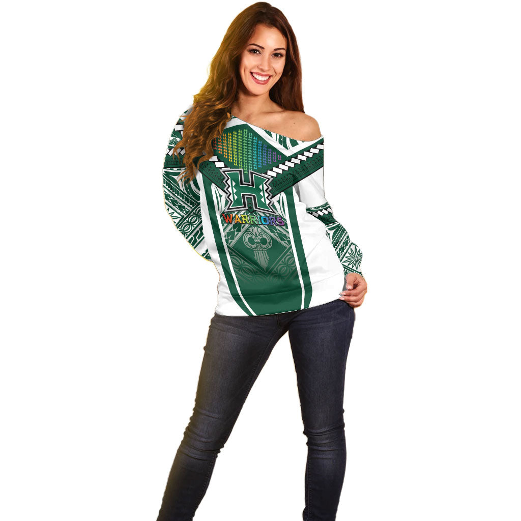 Custom Hawaii Warriors Football Off Shoulder Sweater Rainbow Kakau Pattern Green