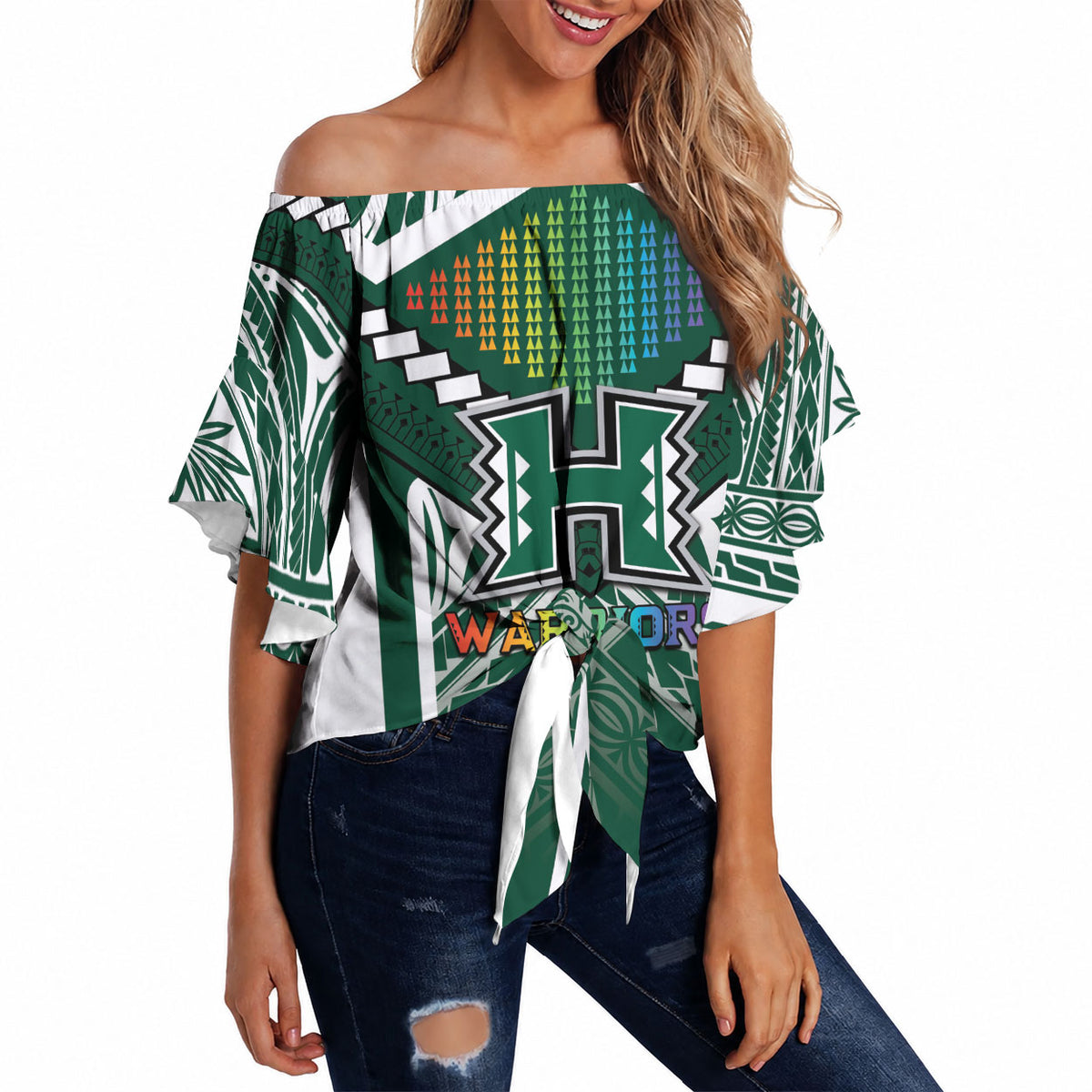 Custom Hawaii Warriors Football Off Shoulder Wrap Waist Top Rainbow Kakau Pattern Green LT05 Green - Polynesian Pride