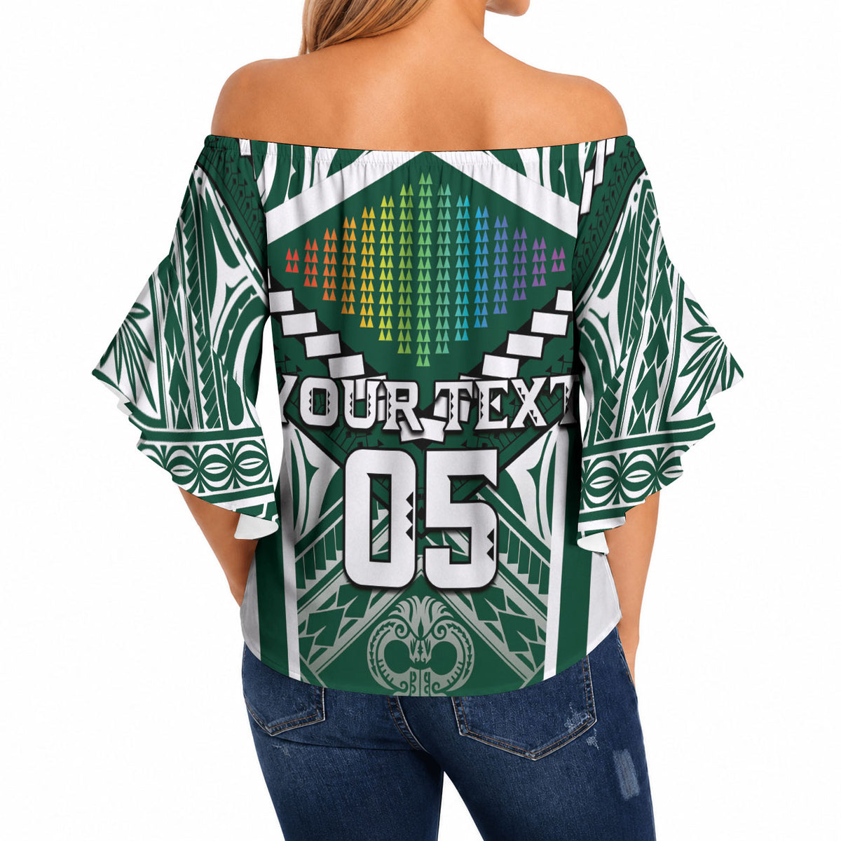 Custom Hawaii Warriors Football Off Shoulder Wrap Waist Top Rainbow Kakau Pattern Green LT05 - Polynesian Pride