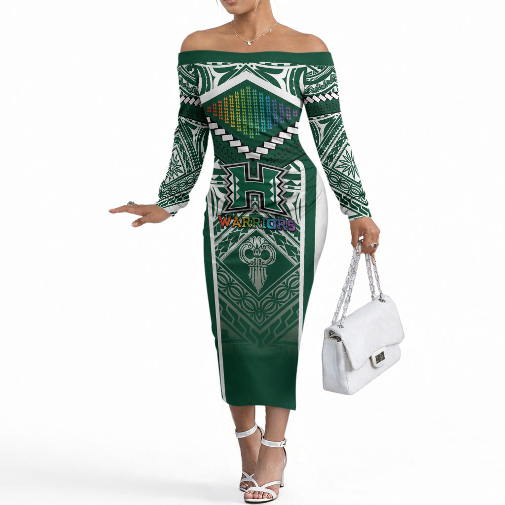 Custom Hawaii Warriors Football Off The Shoulder Long Sleeve Dress Rainbow Kakau Pattern Green LT05 Women Green - Polynesian Pride