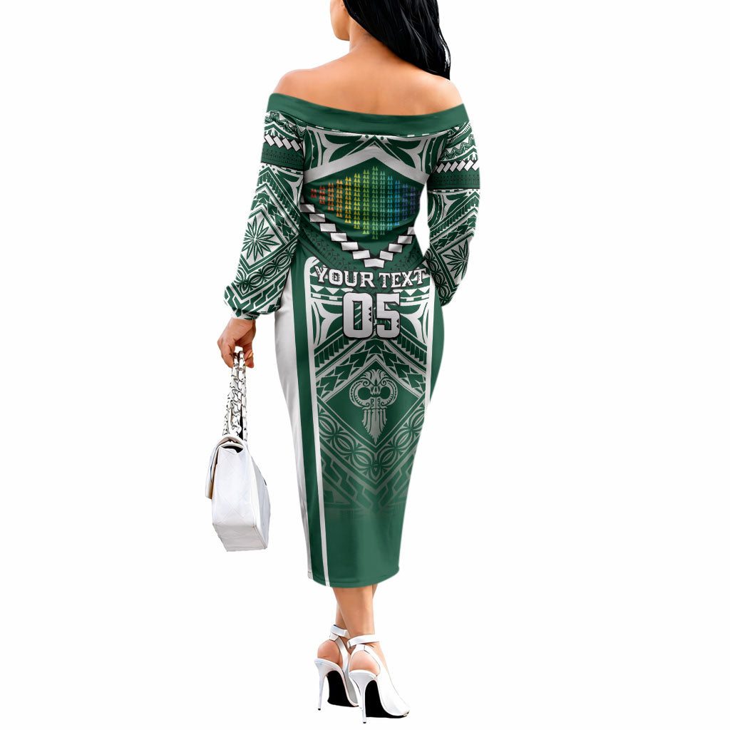 Custom Hawaii Warriors Football Off The Shoulder Long Sleeve Dress Rainbow Kakau Pattern Green LT05 - Polynesian Pride
