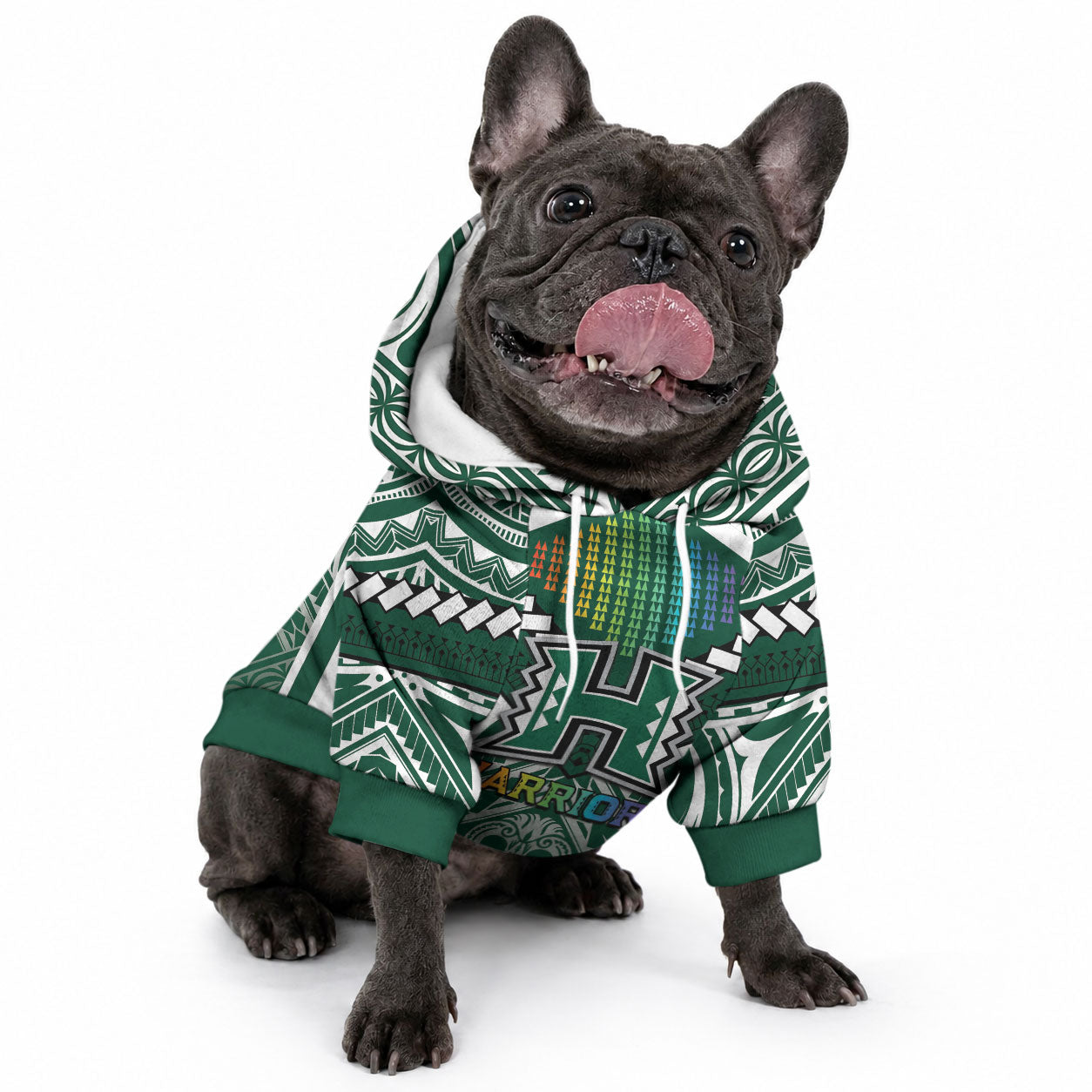 Custom Hawaii Warriors Football Pet Hoodie Rainbow Kakau Pattern Green
