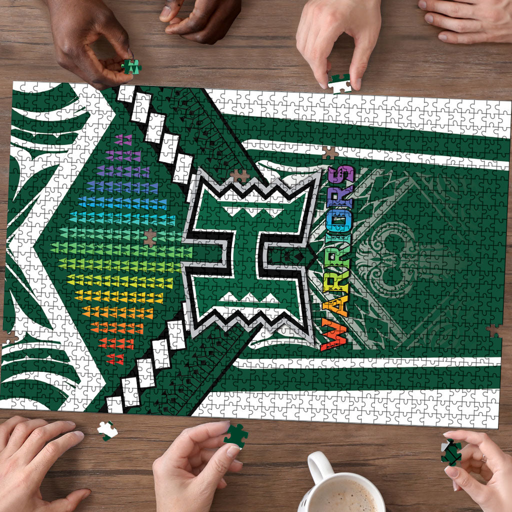 Hawaii Warriors Football Puzzle Rainbow Kakau Pattern Green