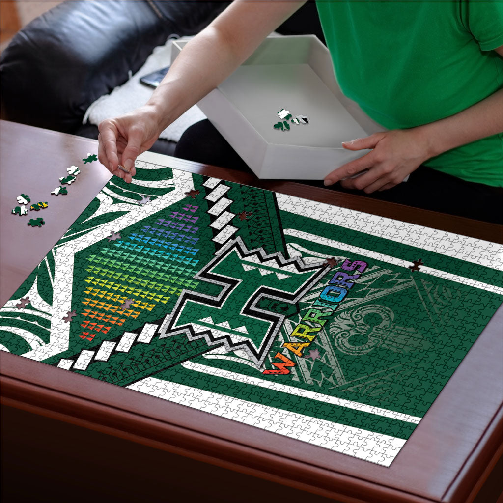 Hawaii Warriors Football Puzzle Rainbow Kakau Pattern Green