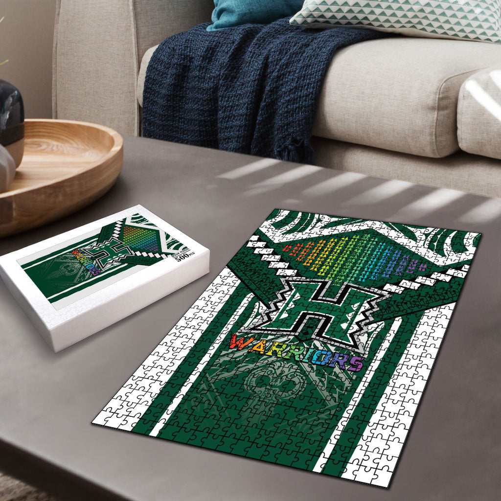 Hawaii Warriors Football Puzzle Rainbow Kakau Pattern Green